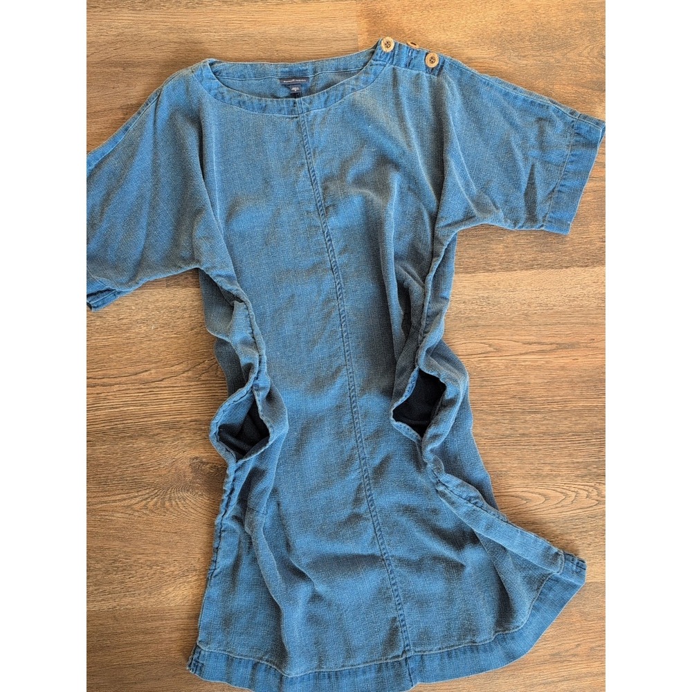 Pure Jill Indigo Blue Linen Blend Shift Dress Short Sleeve Button Shoulder M - Picture 9 of 16